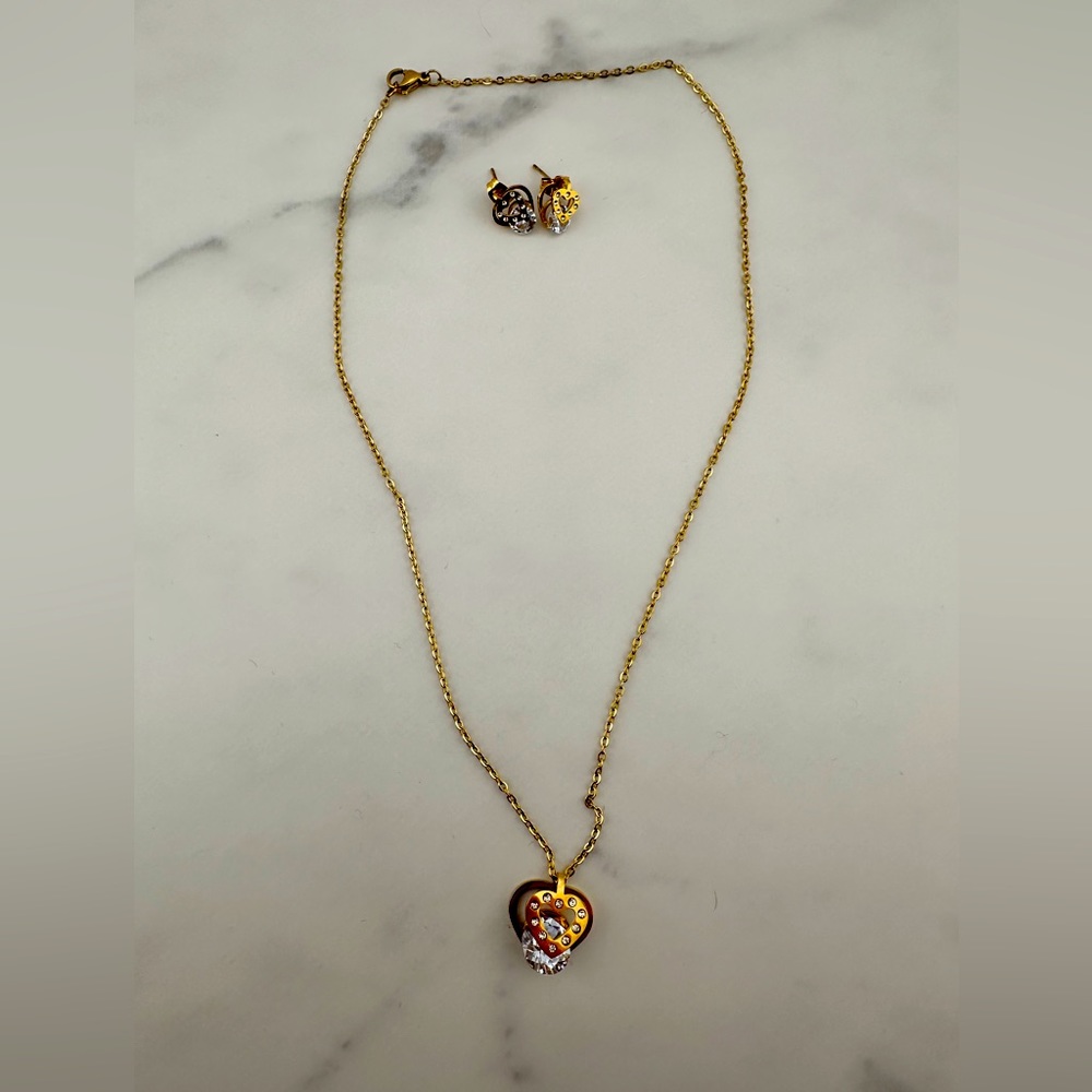 Stainless Steel Sets CZ Jewelry Set . Earrings and necklace with Heart .